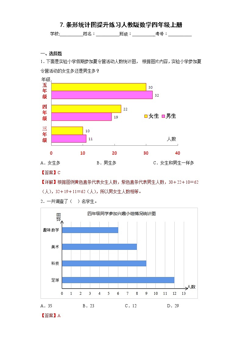 7.条形统计图提升练习人教版数学四年级上册（解析版）第1页