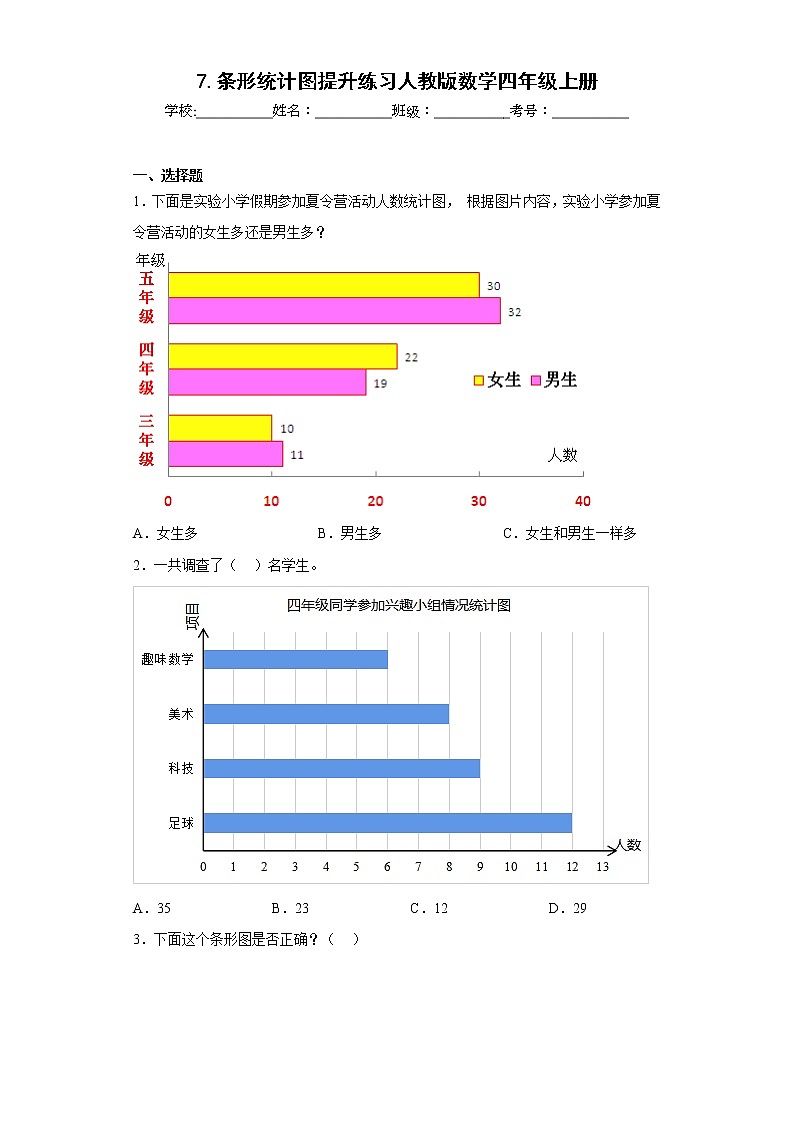 7.条形统计图提升练习人教版数学四年级上册（原卷版）第1页