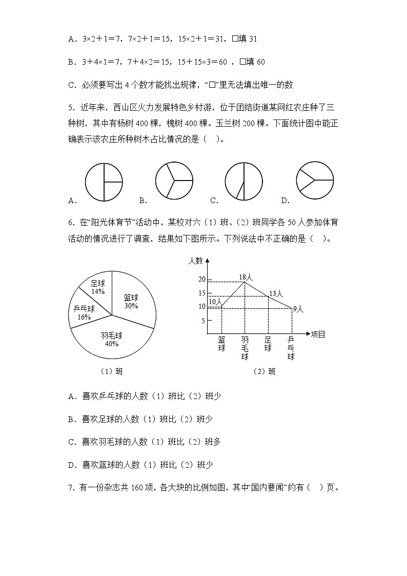 人教版小学数学六年级上册7《 扇形统计图》单元测试（无答案）第2页