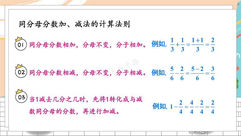 新人教版数学三年级上册  14分数的简单计算和应用 期末复习PPT课件第3页