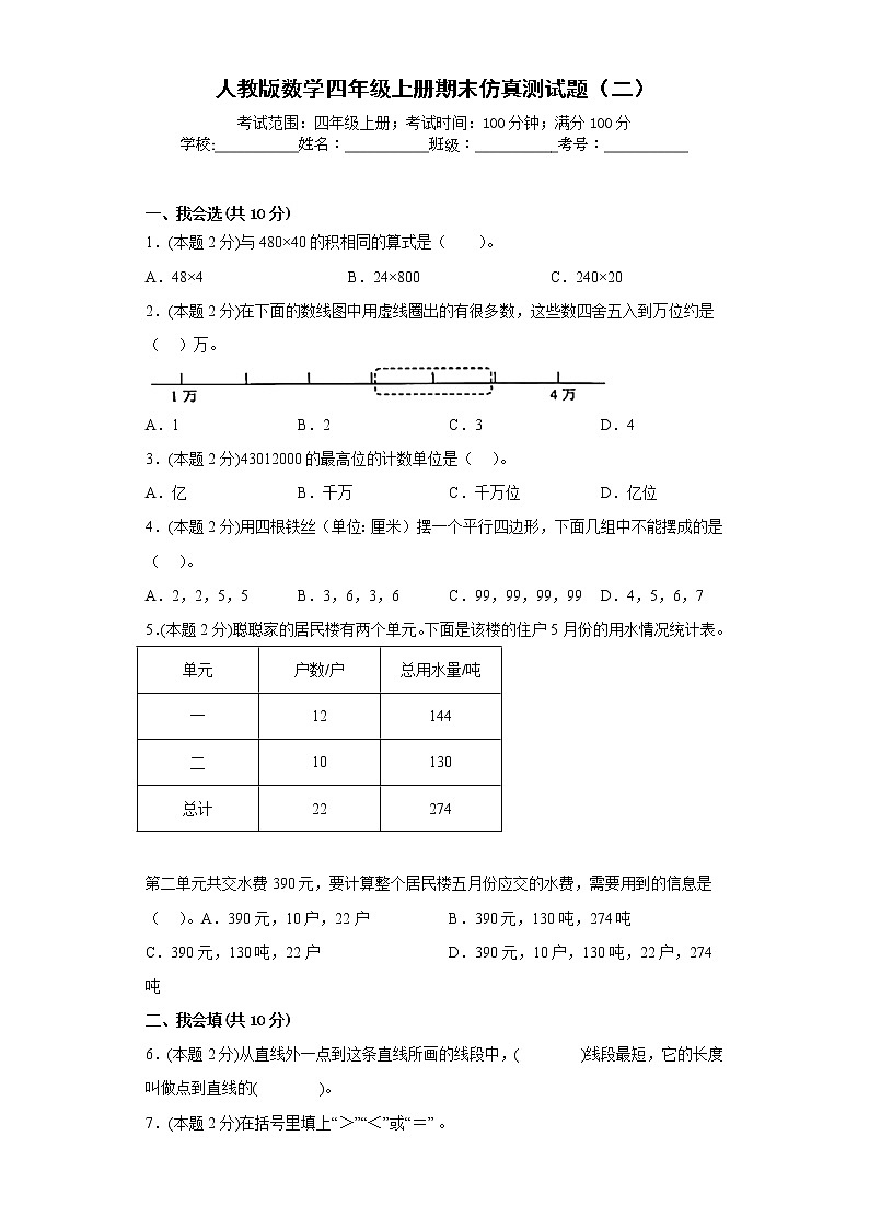 人教版数学四年级上册期末仿真测试题（二）（原卷版）第1页