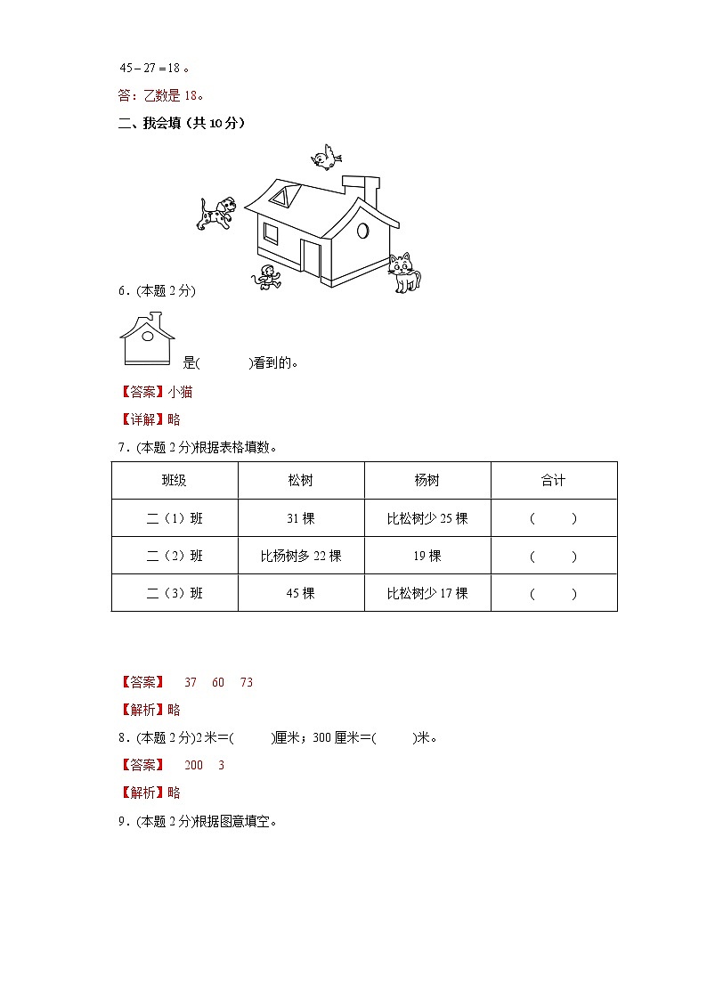 人教版数学二年级上册期末仿真测试题（二）（解析版）第2页
