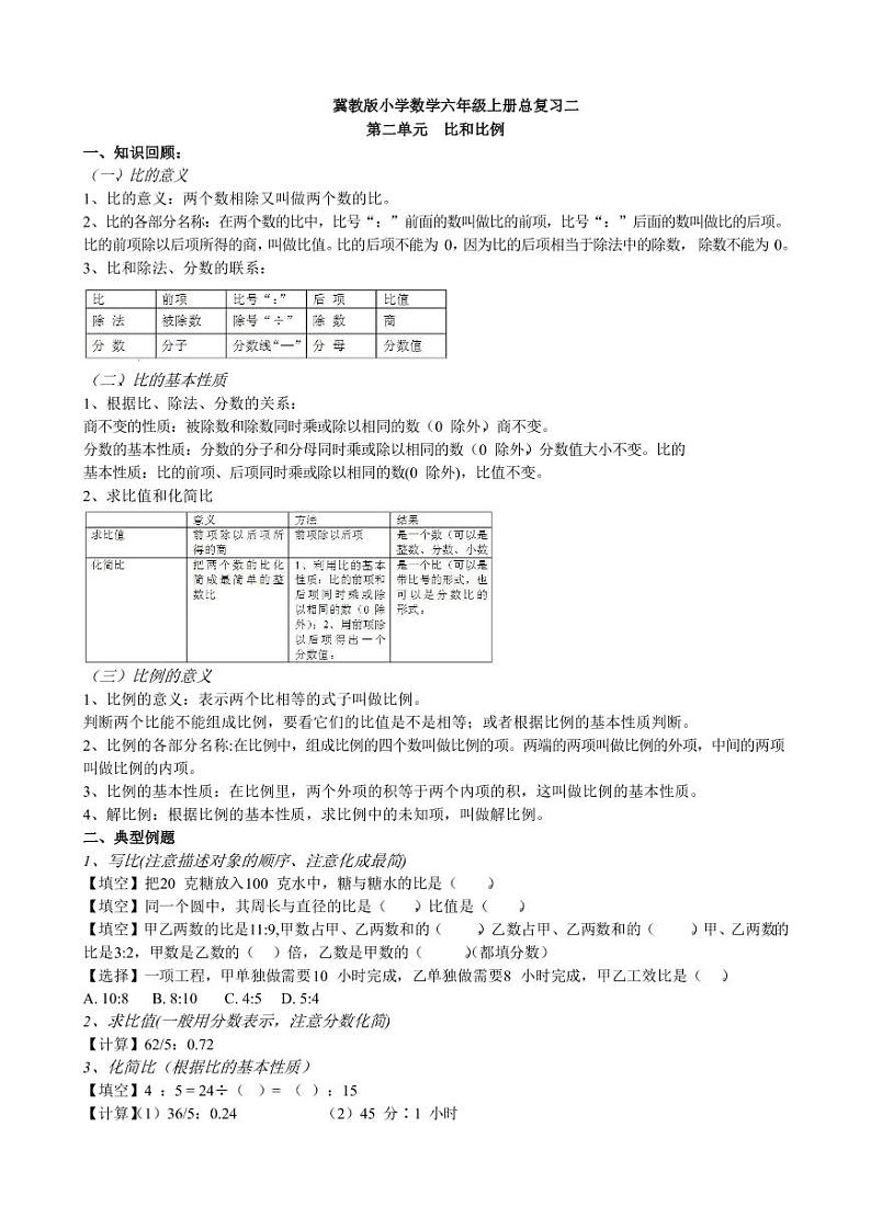 冀教版小学数学六年级上册总复习二——第二单元比和比例知识点总结与练习第1页