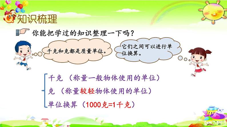 新苏教版数学三年级上册《千克和克、分数的初步认识》课件03