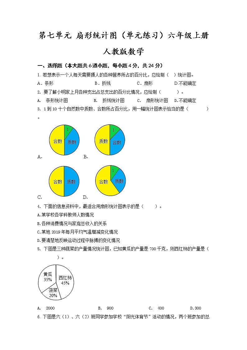 第七单元 扇形统计图（单元测试）六年级上册数学人教版第1页