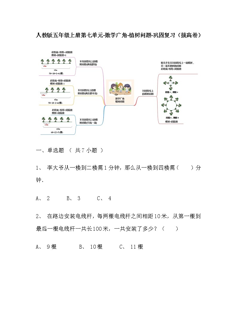 【寒假巩固复习】人教版数学五年级上册-第七单元《数学广角-植树问题》拔高卷（含答案）01