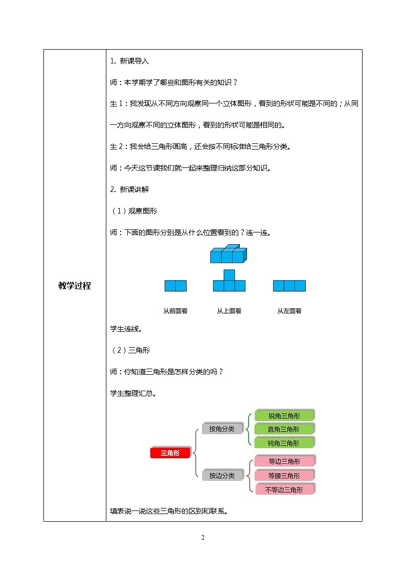 人教版四下10.3《观察物体、三角形、图形的运动、统计》教学设计第2页