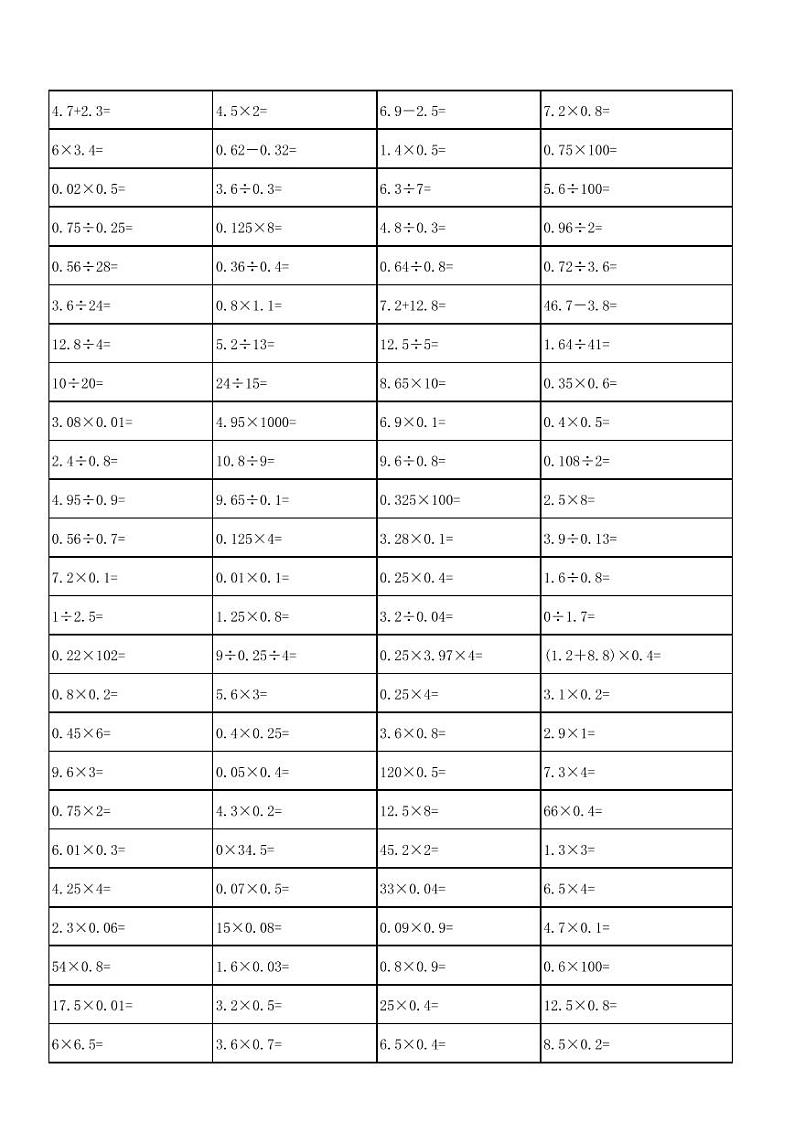 苏教版五上数学寒假口算500题01