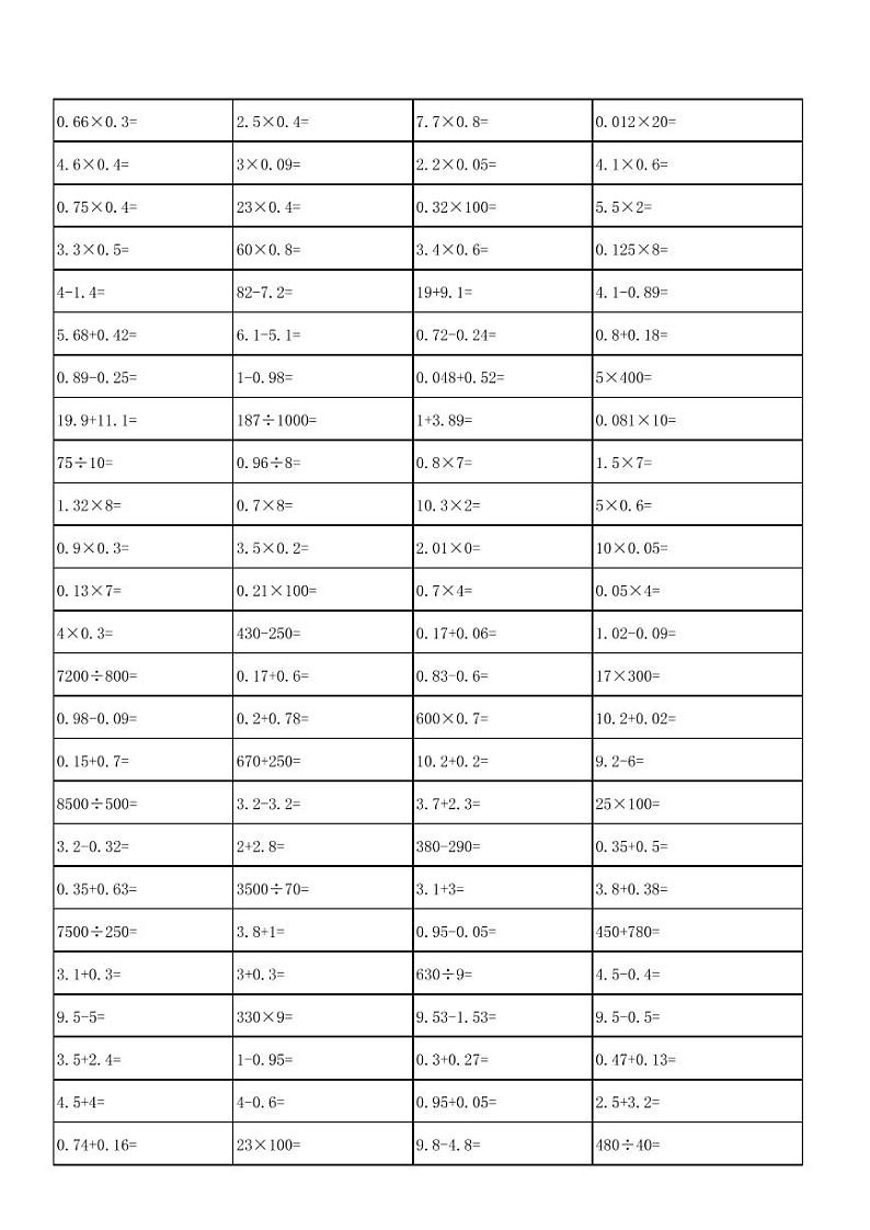 苏教版五上数学寒假口算500题02