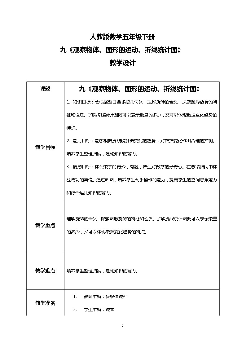 人教版小学数学五年级下册9.4《观察物体、图形的运动、折线统计图》PPT课件（送教案+练习）01