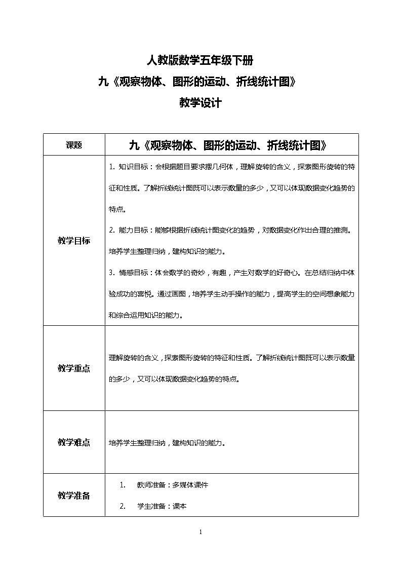 人教版小学数学五年级下册9.4《观察物体、图形的运动、折线统计图》PPT课件（送教案+练习）01