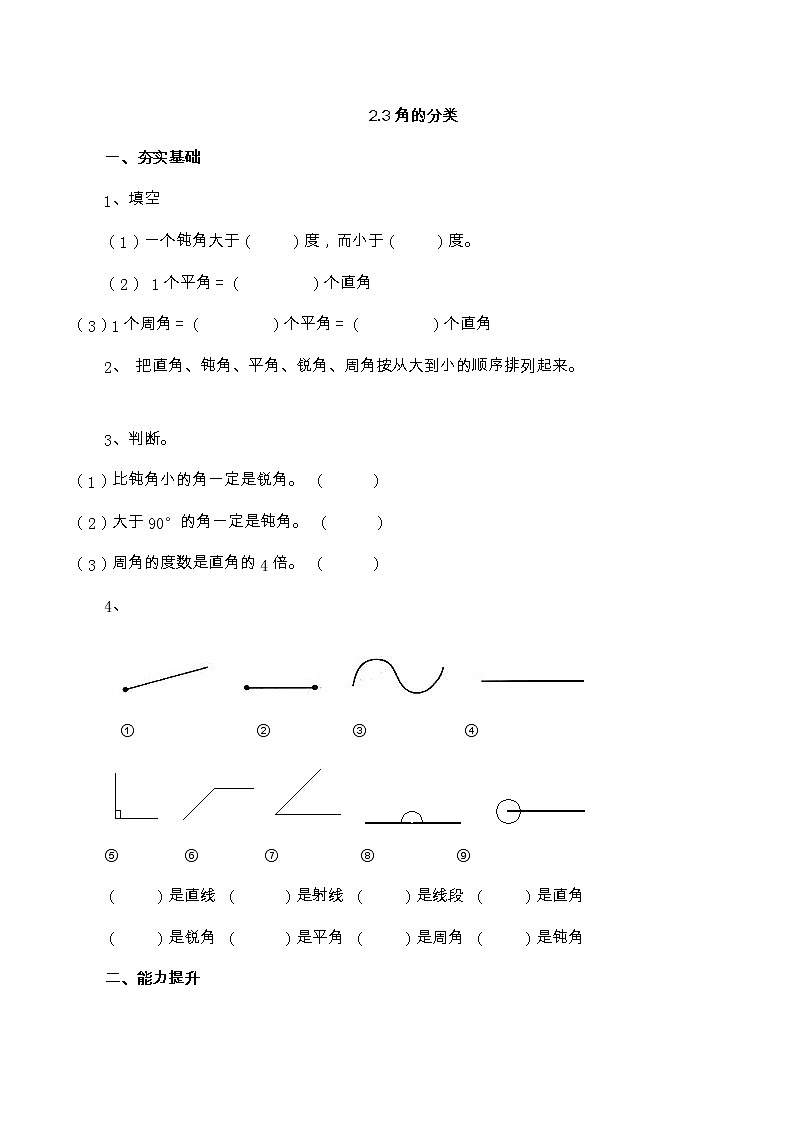【基础提升】小学数学四年级上册2.3角的分类（含答案）青岛版 试卷01