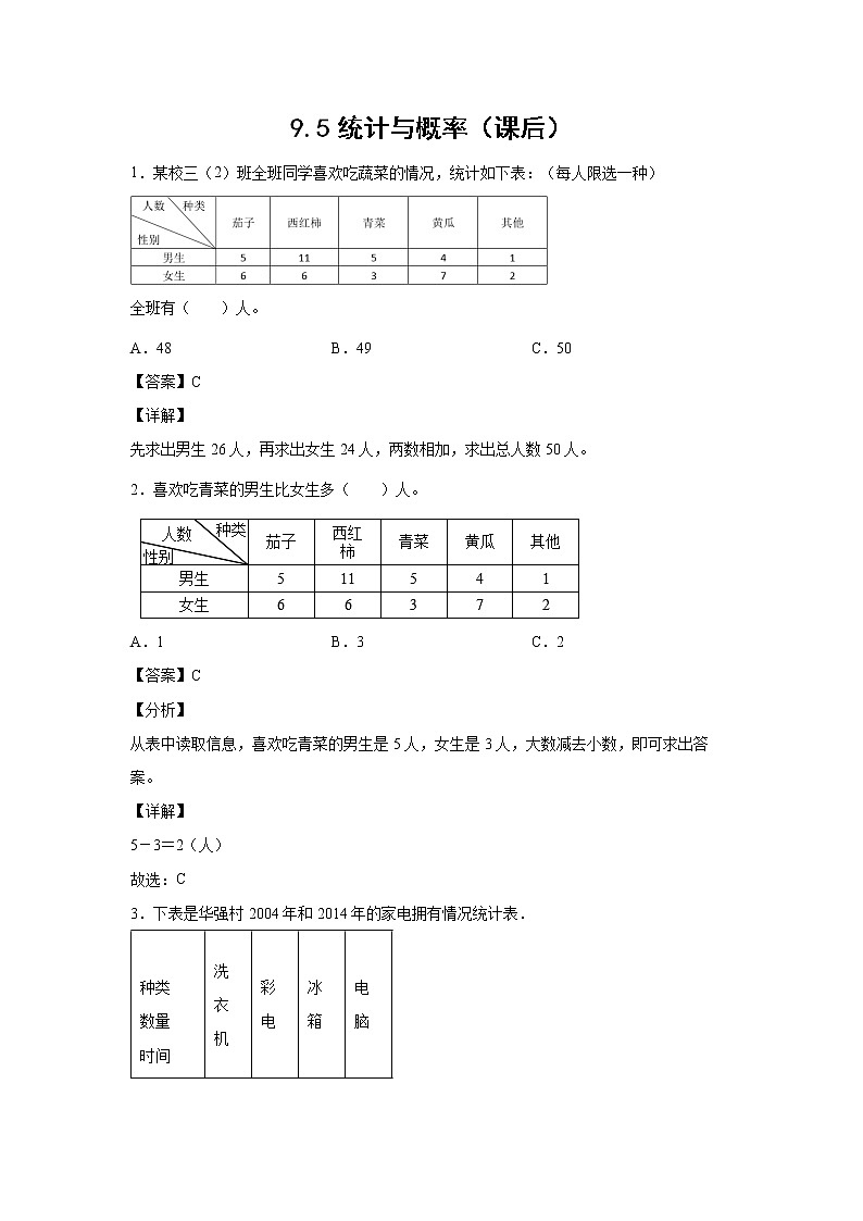 9.5统计与概率（课前）-【课前●课中●课后】小学数学三年级下册人教版同步试题01