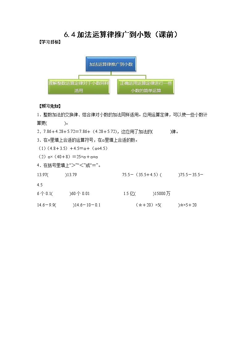 6.4加法运算律推广到小数（课前）-【课前●课中●课后】小学数学四年级下册人教版同步试题01