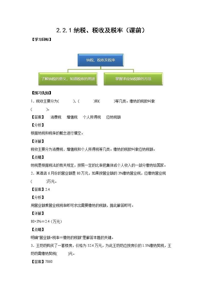 2.2.1纳税、税收及税率（课前）-【课前●课中●课后】小学数学六年级下册人教版 试卷01
