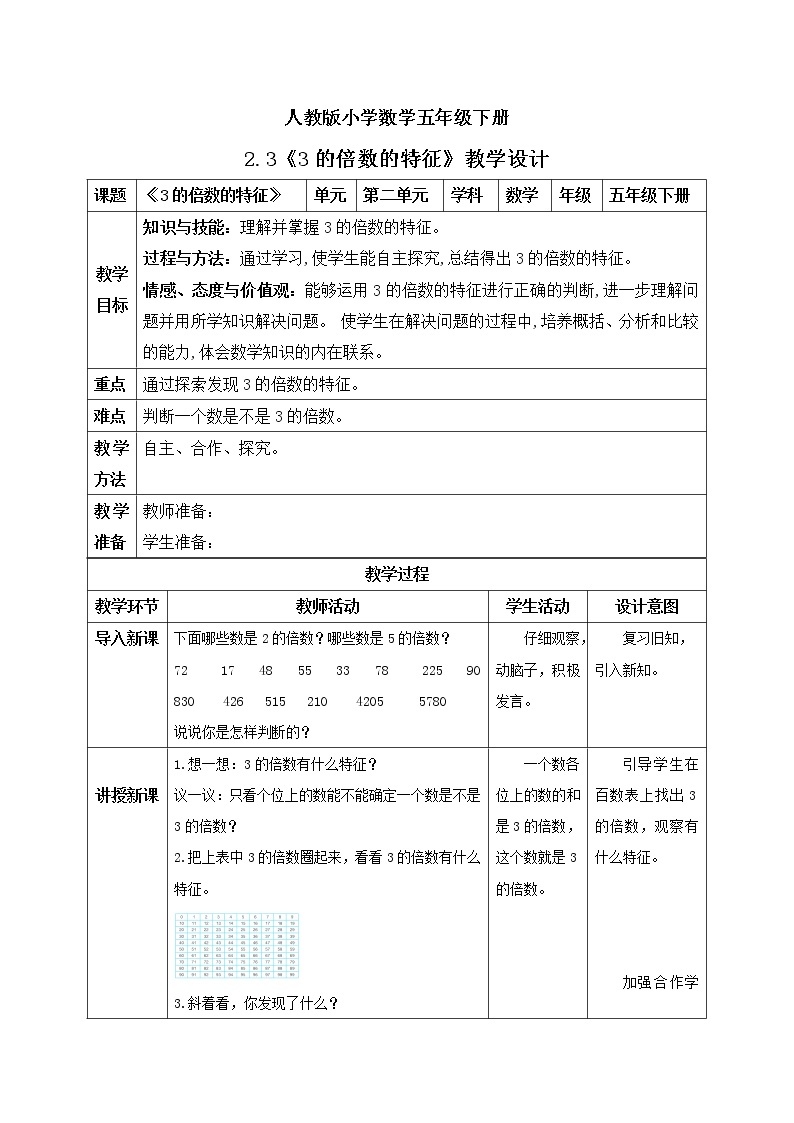 人教版小学数学五年级下册 2.3 3的倍数的特征 课件+教学设计+同步练习01