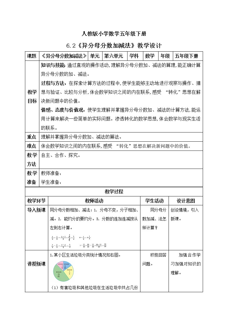 人教版小学数学五年级下册 6.2 异分母分数加减法 课件+教学设计+同步练习01