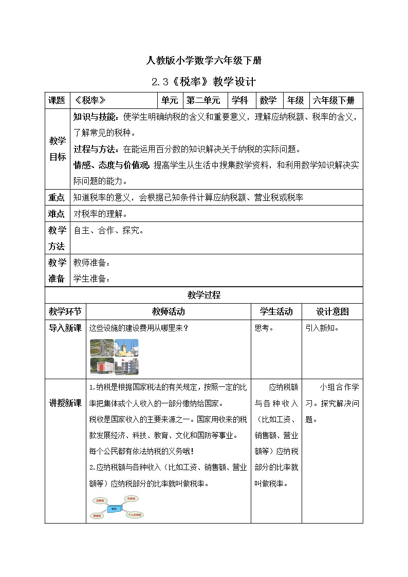 人教版小学数学六年级下册 2.3 税率 课件+教学设计+同步练习01