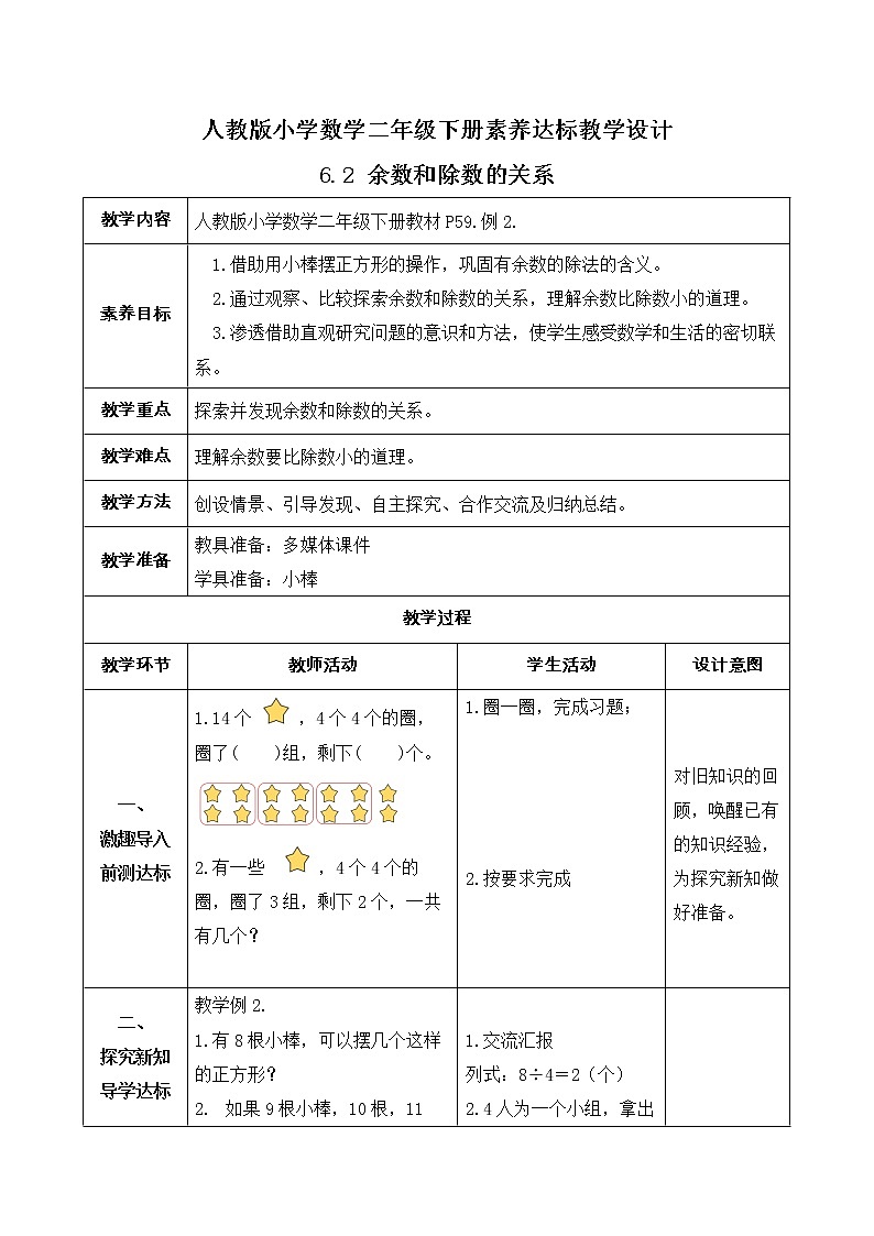 2023春人教版小学数学二年级下册备课资源包-6.2《余数和除数的关系（例2）》 课件教案练习01