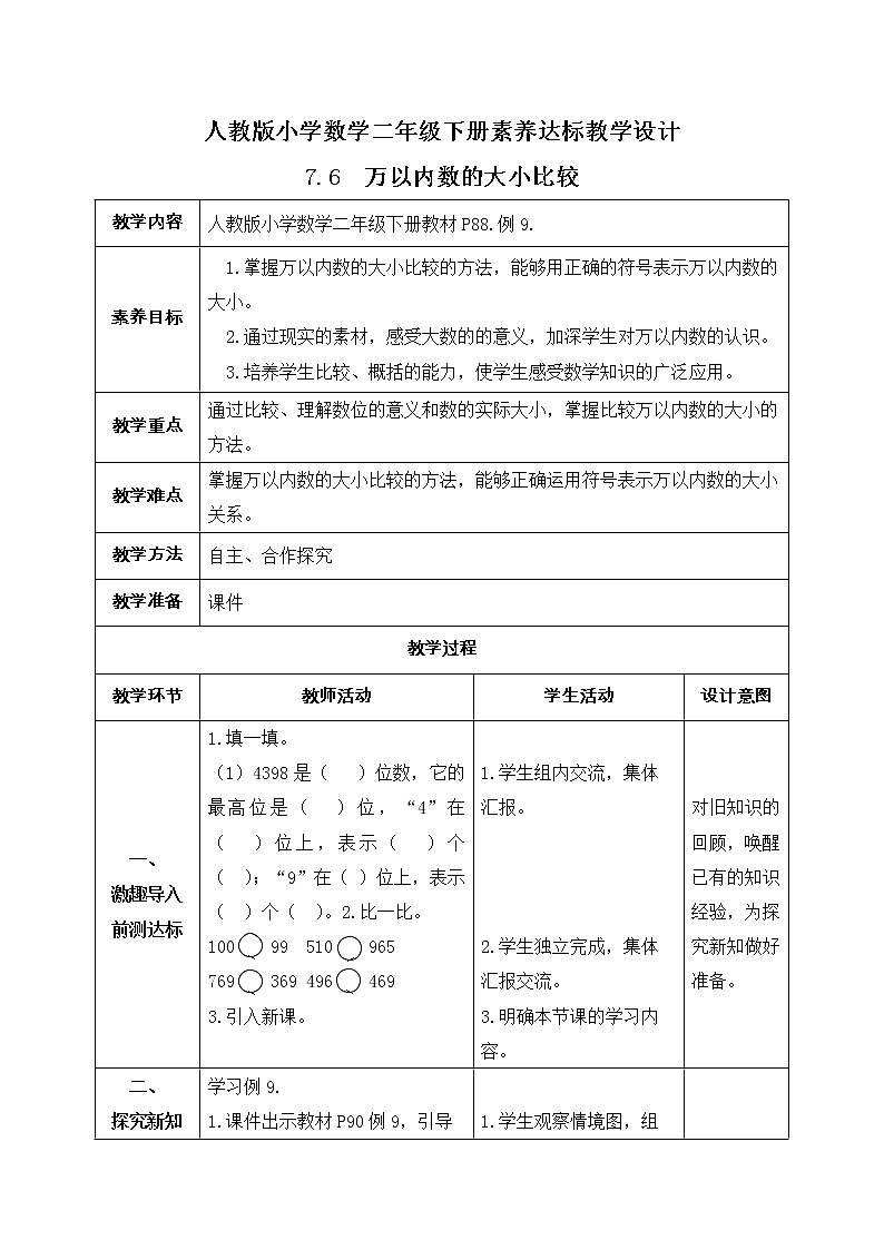 2023春人教版小学数学二年级下册备课资源包-7.6《万以内数的大小比较（例9）》 课件教案练习01
