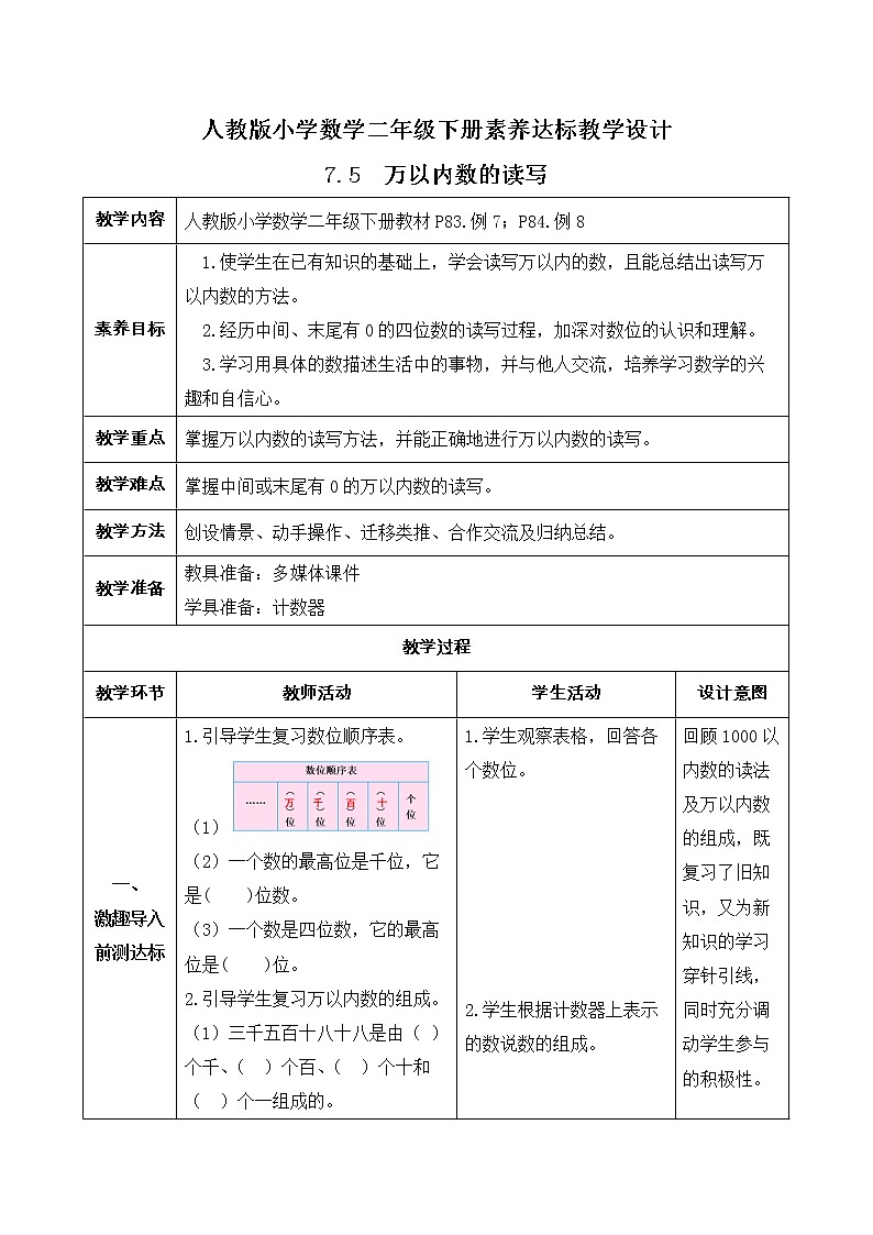 2023春人教版小学数学二年级下册备课资源包-7.5《万以内数的读写（例7、例8）》 课件教案练习01