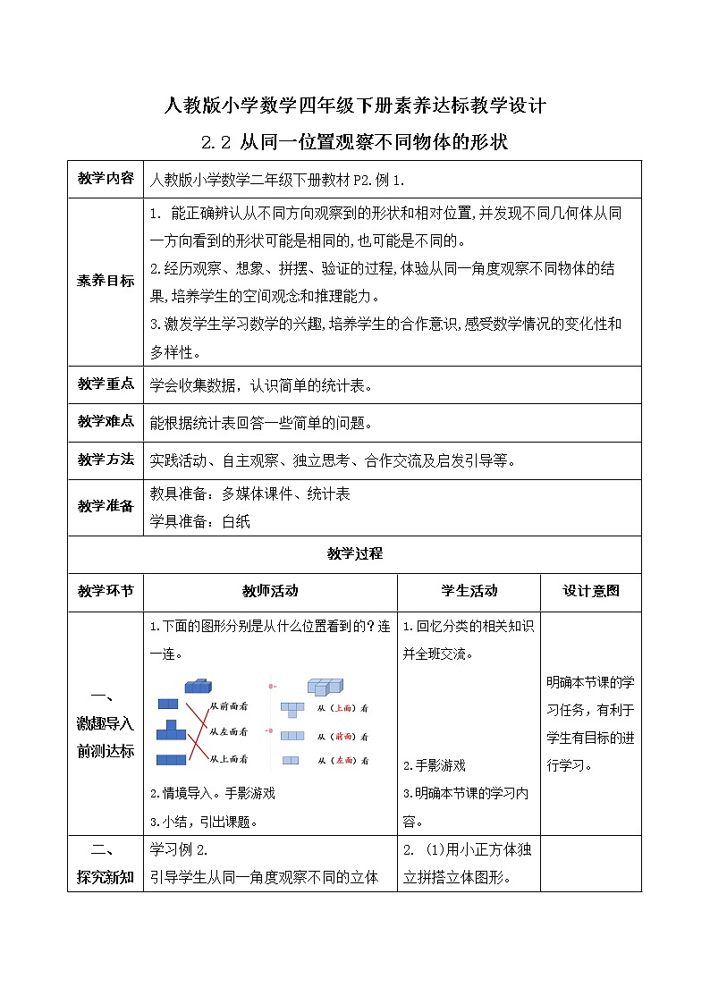 2023春人教版四年级数学下册备课资源包-2.2《从同一位置观察不同物体的形状（例2）》 课件教案练习01