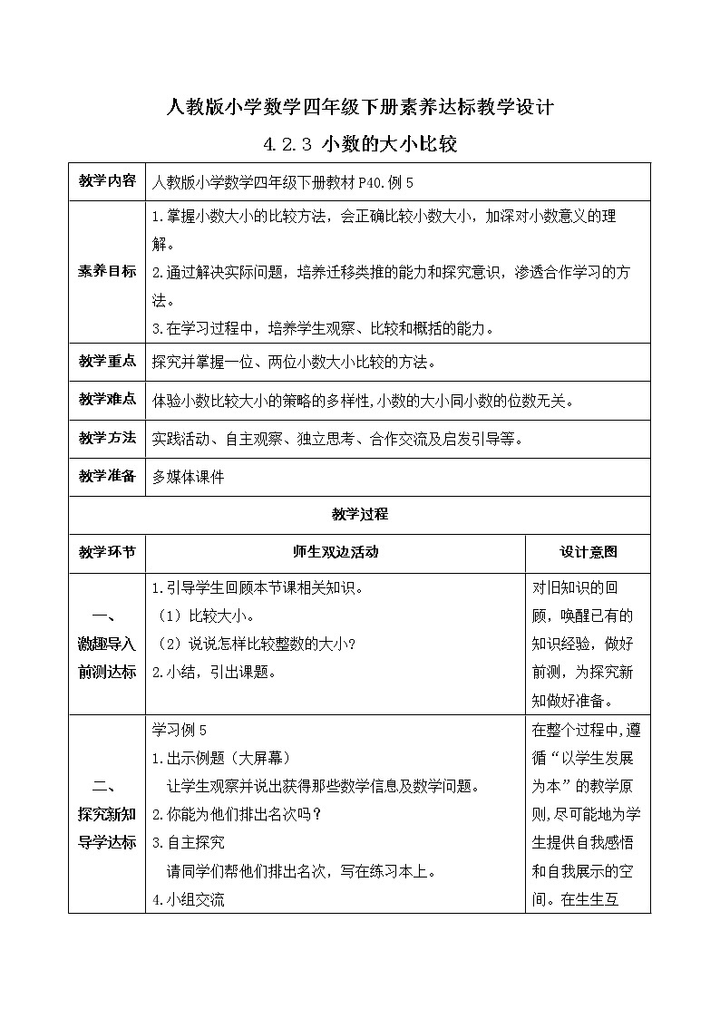 2023春人教版四年级数学下册备课资源包-4.2.3《小数的大小比较 (例5)》 课件教案练习01