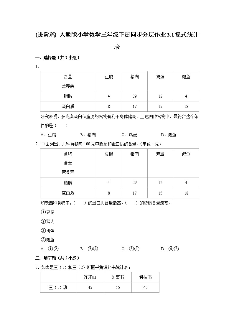 (进阶篇) 人教版小学数学三年级下册同步分层作业3.1复式统计表第1页