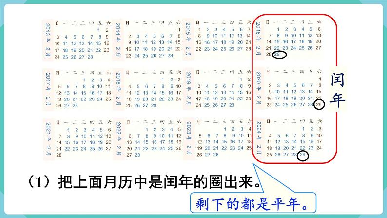 人教版三年级数学下册课件 第6单元 第2课时  认识平年和闰年第6页