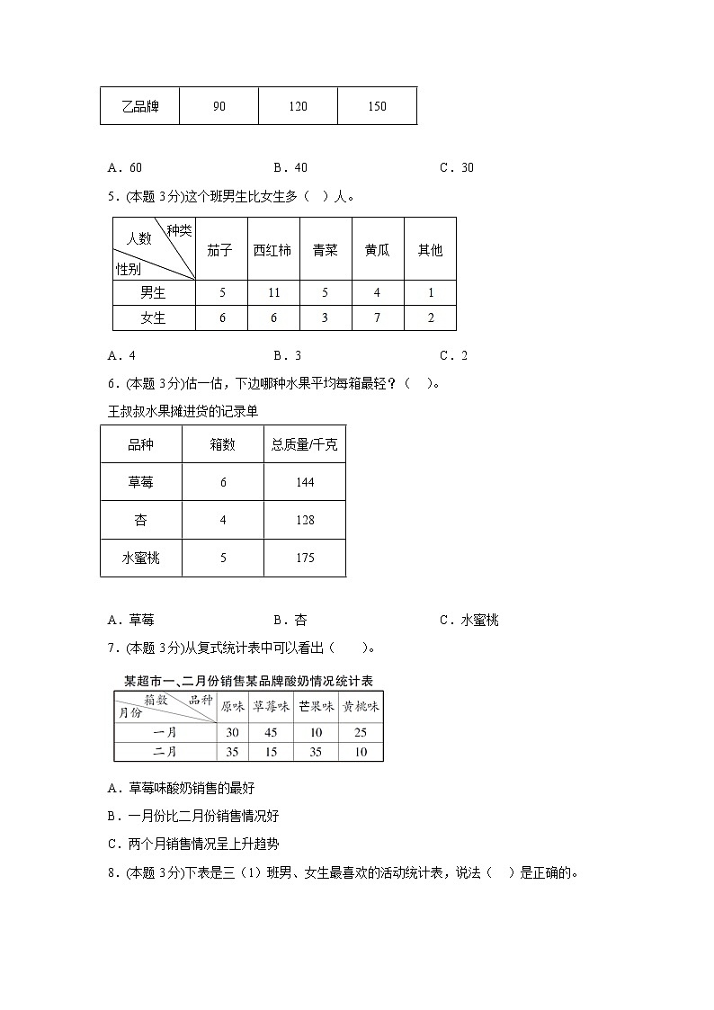 3.统计同步练习人教版数学三年级下册第2页