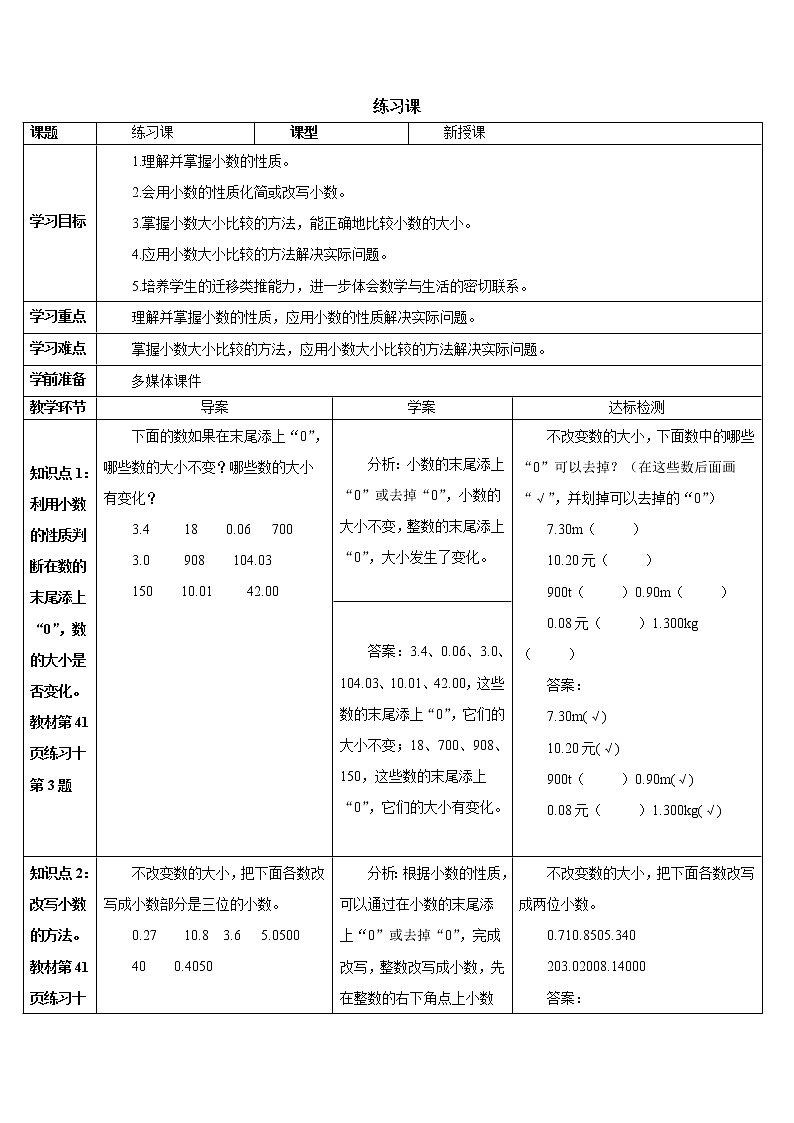 人教版数学四下 第四单元 2.小数的性质和大小比较练习课（小数的性质和大小比较）  课件+教案+导学案01