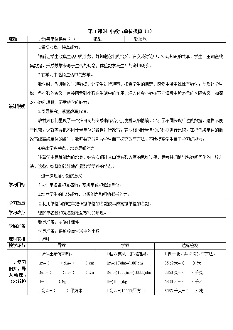 人教版数学四下 第四单元 4.小数与单位换算 第1课时 小数与单位换算（1）  课件+教案+导学案01