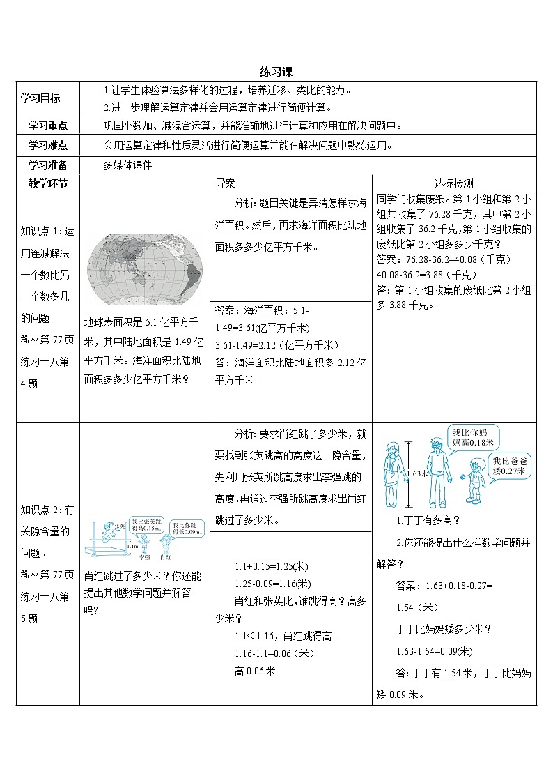 人教版数学四下 第六单元 练习课（小数加减法和小数加减混合运算） 课件+教案+导学案01