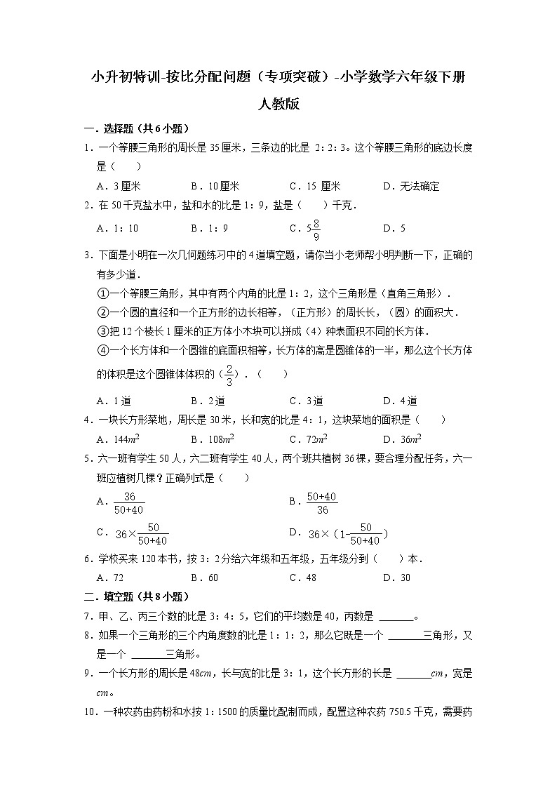 小升初特训-按比分配问题（专项突破）-小学数学六年级下册人教版01