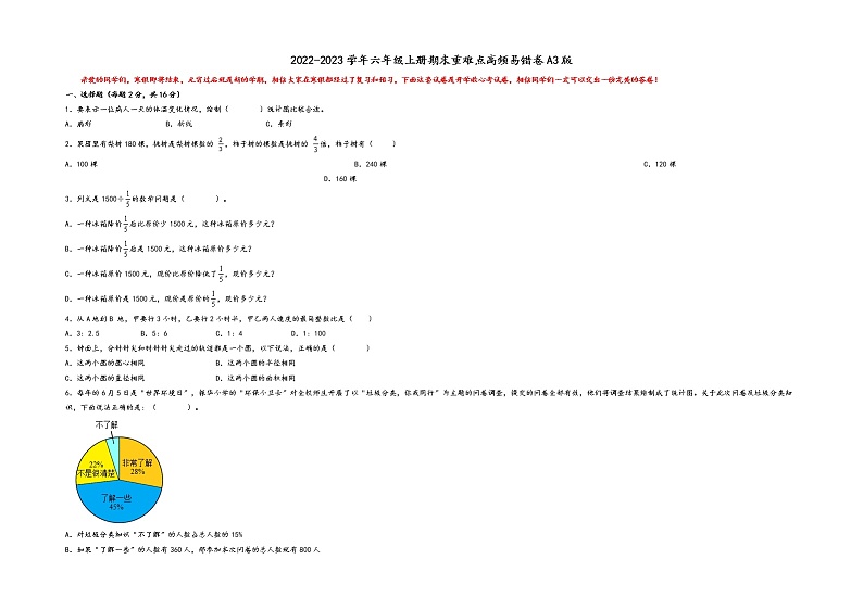 2022-2023学年六年级上册数学期末重难点高频易错卷A3版（人教版）01