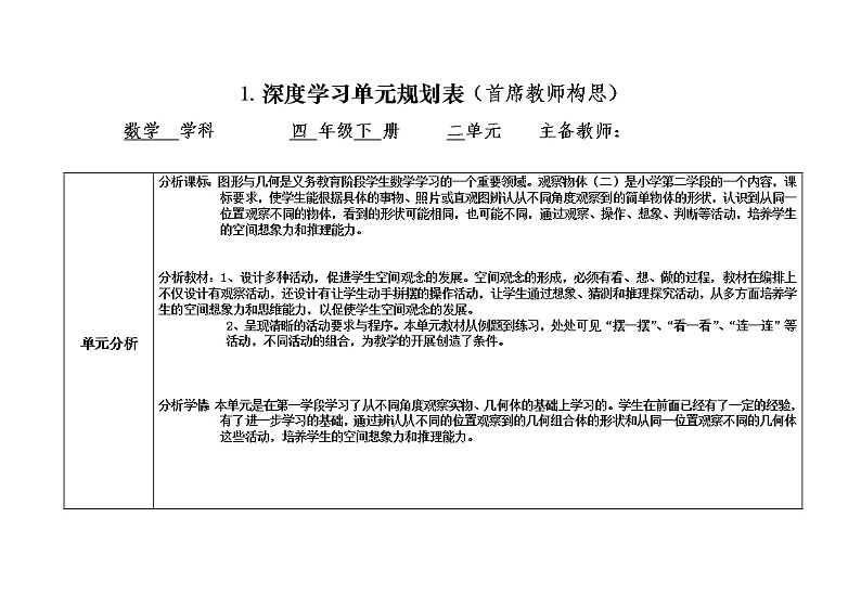 人教版数学四年级下册第二单元深度学习规划表、单元课时教学规划表（表1、表2）(1)第1页