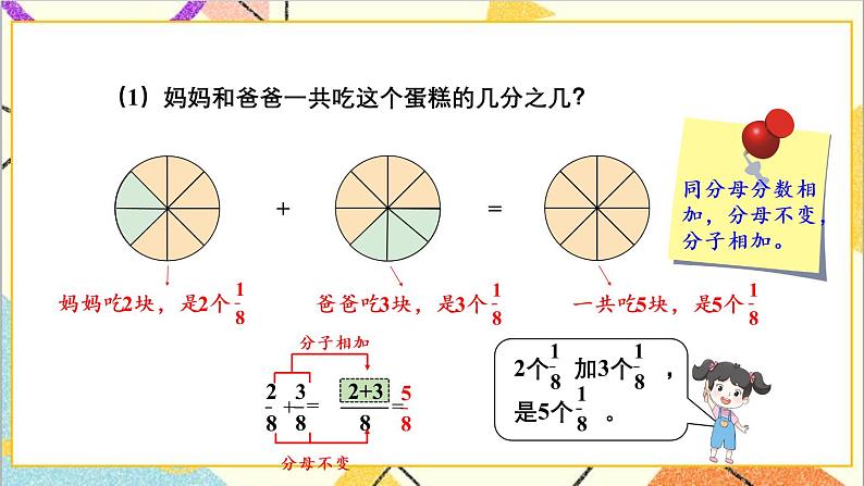 八 分数的初步认识 2.简单分数加减法 第2课时 同分母分数加减法 课件+教案03