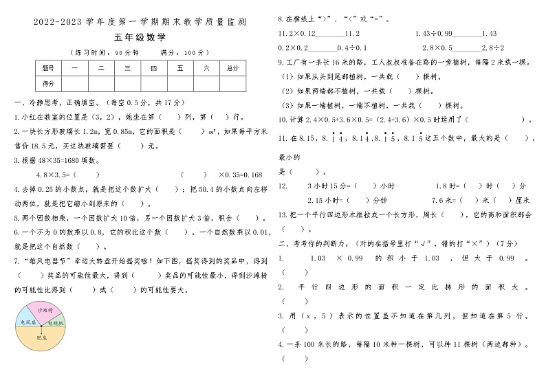 河南省洛阳市汝阳县2022-2023学年度第一学期期末教学质量监测五年级数学第1页
