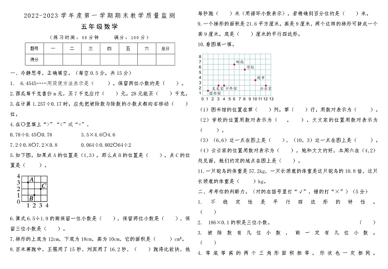 河南省商丘市夏邑县2022-2023学年度第一学期期末教学质量监测五年级数学第1页