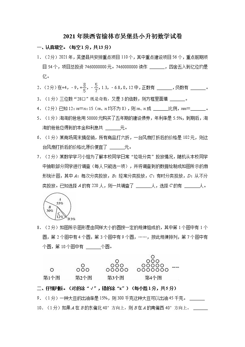 2021年陕西省榆林市吴堡县小升初数学试卷第1页