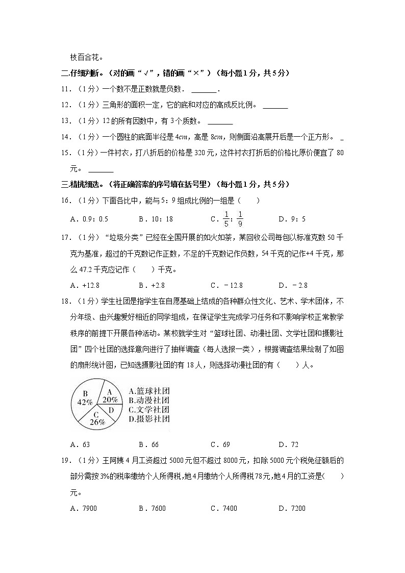 2021年陕西省商洛市丹凤县小升初数学试卷02