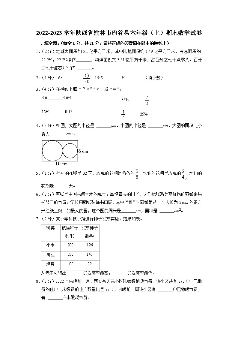 陕西省榆林市府谷县2022-2023学年六年级上学期期末数学试卷01