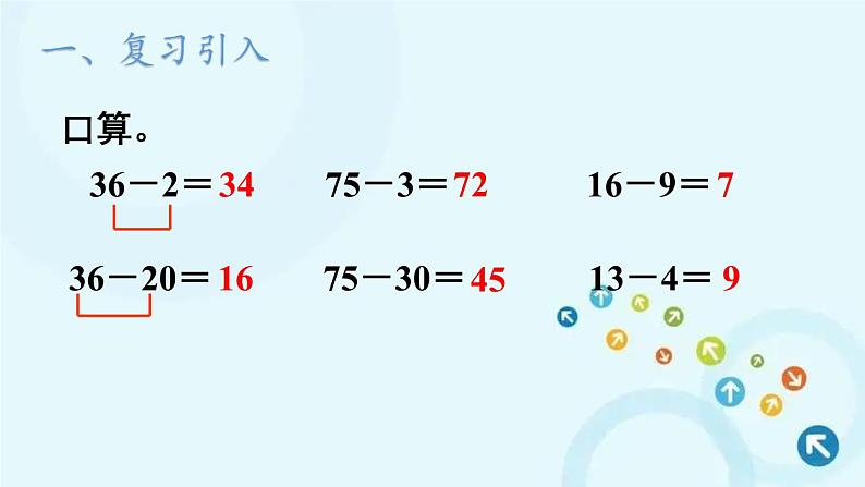 人教版数学一年级下册 3.两位数减一位数、整十数 第2课时 两位数减一位数（退位） 课件第2页