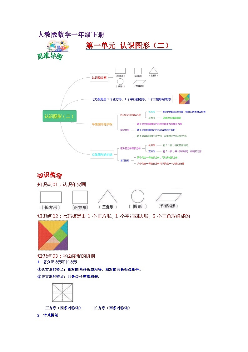 第一单元 认识图形（二）——2024学年一年级下册数学人教版知识点总结+练习学案（教师版+学生版）01