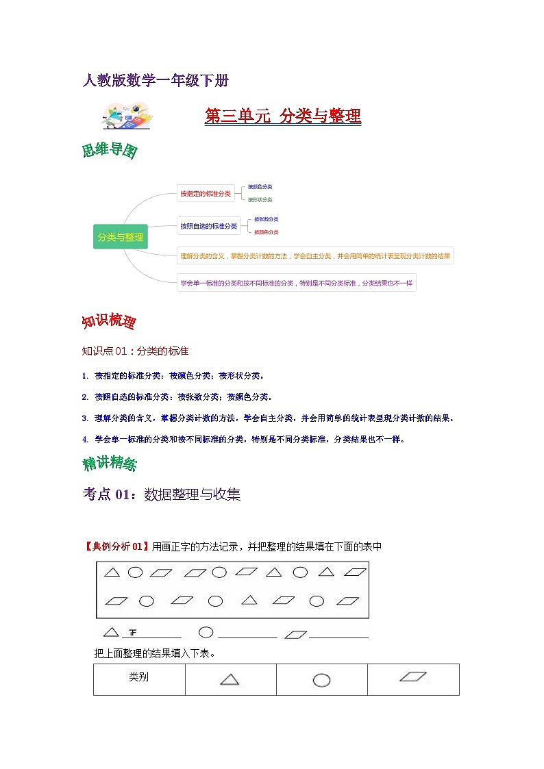 第三单元 分类与整理——2024学年一年级下册数学人教版知识点总结+练习学案（教师版+学生版）01