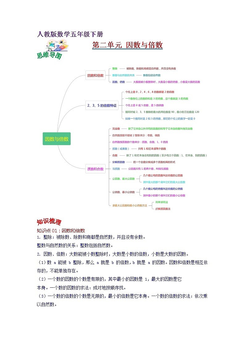 第二单元 因数与倍数——2022-2023学年五年级下册数学人教版知识点总结+练习学案（教师版+学生版）01
