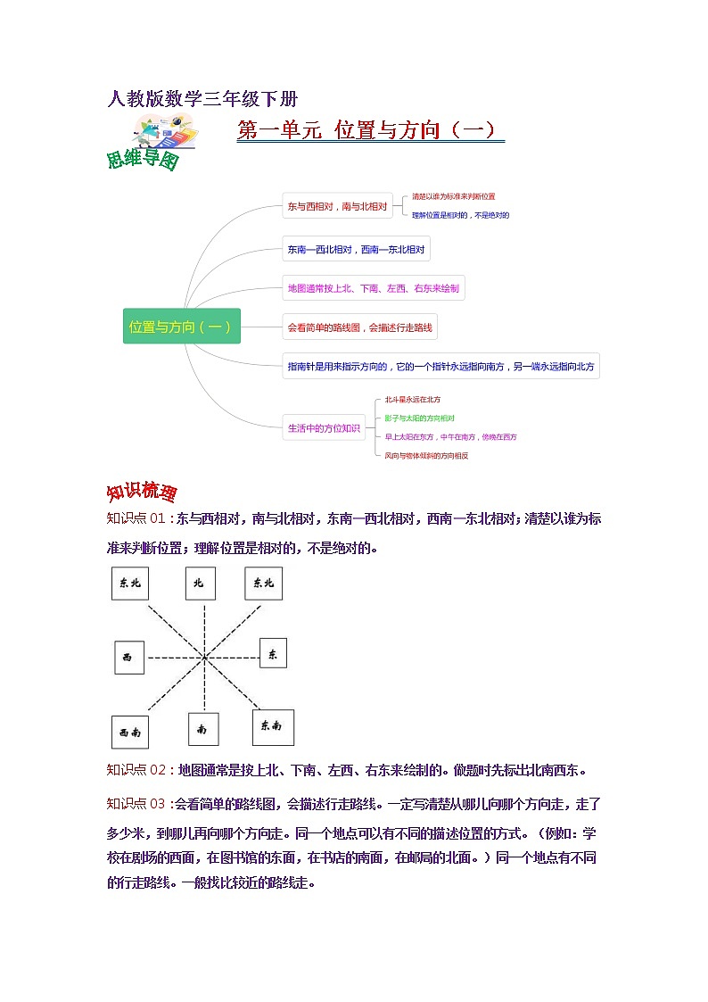 第一单元 位置与方向（一）——2022-2023学年三年级下册数学人教版知识点总结+练习学案（教师版+学生版）01