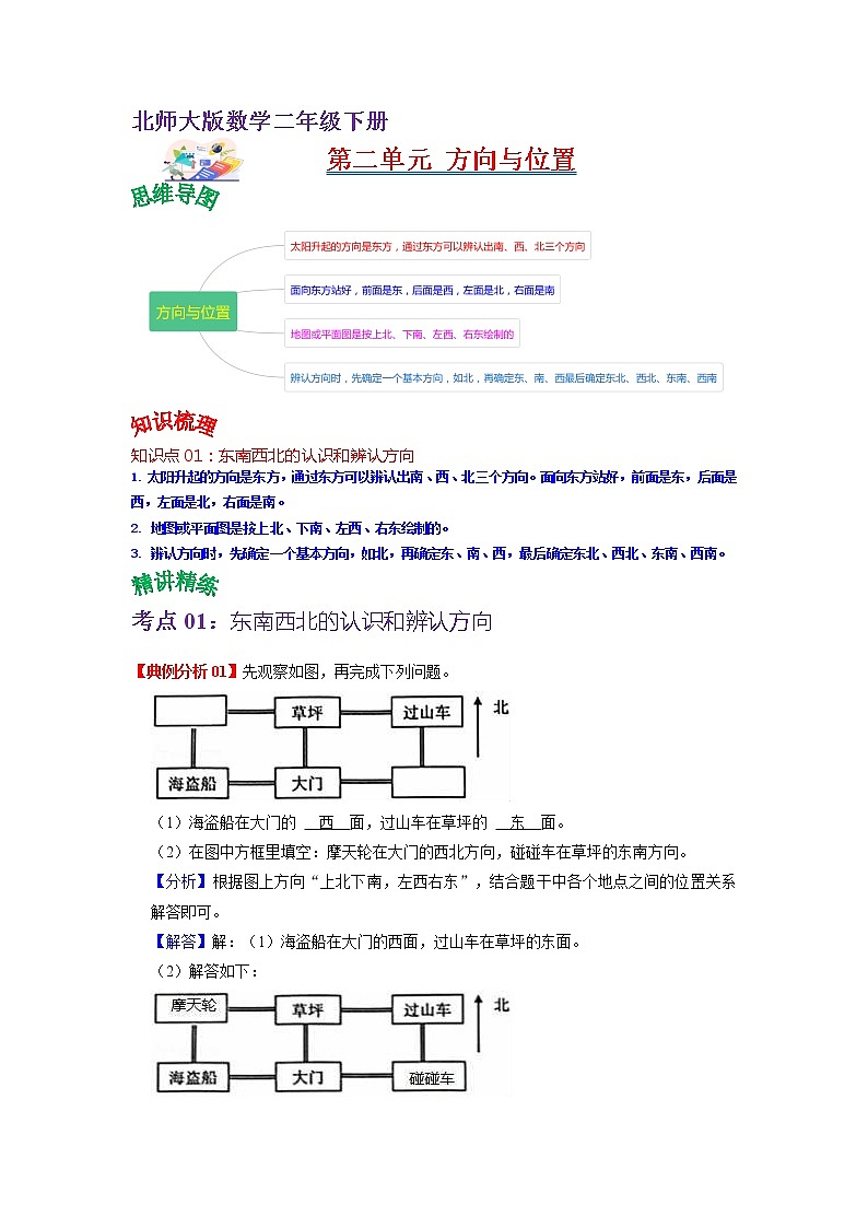 第二单元 方向与位置——2022-2023学年二年级下册数学北师大版知识点总结+练习学案（教师版+学生版）01