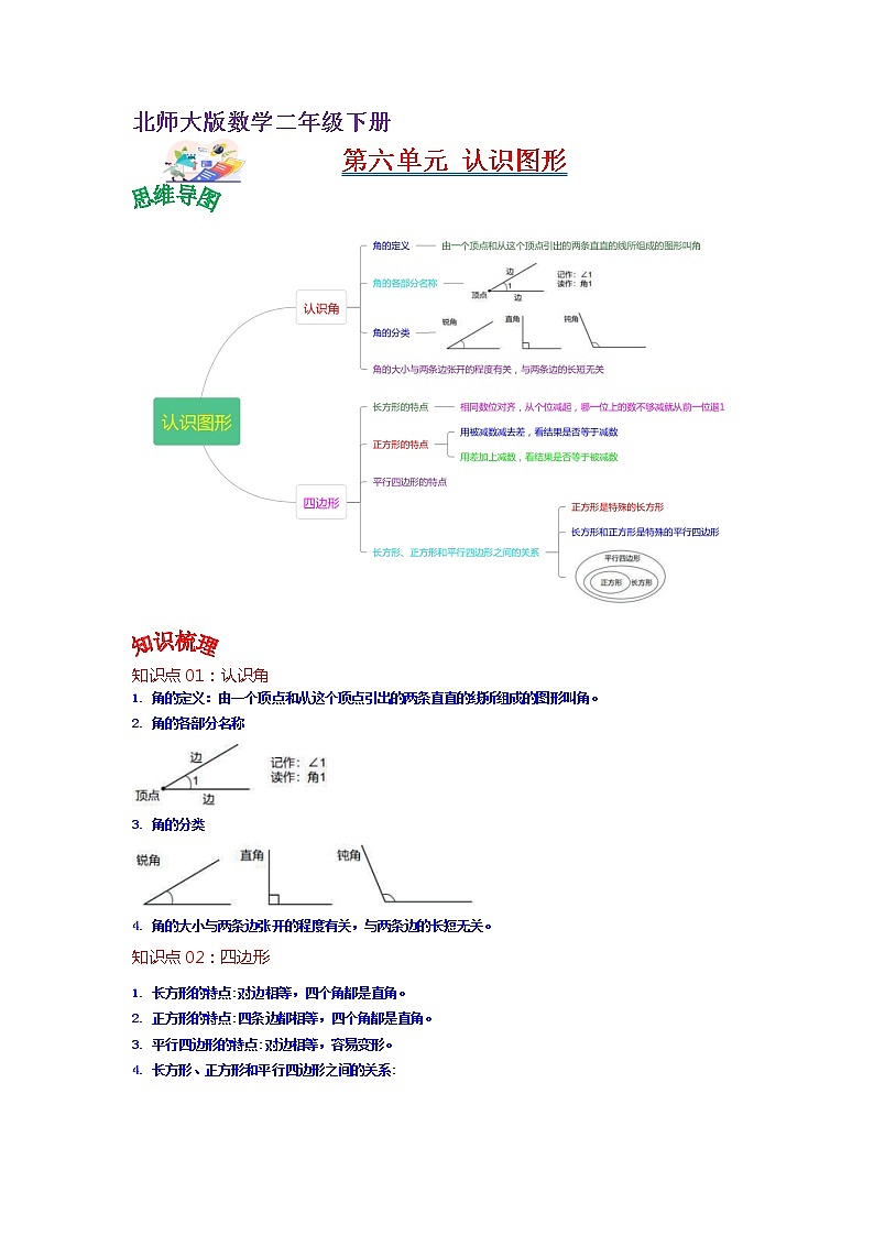 第六单元 认识图形——2022-2023学年二年级下册数学北师大版知识点总结+练习学案（教师版+学生版）01