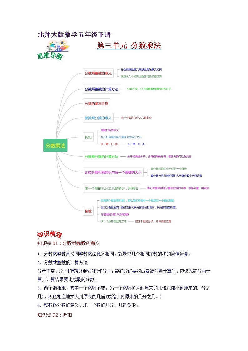 第三单元 分数乘法——2022-2023学年五年级下册数学北师大版知识点总结+练习学案（教师版+学生版）01